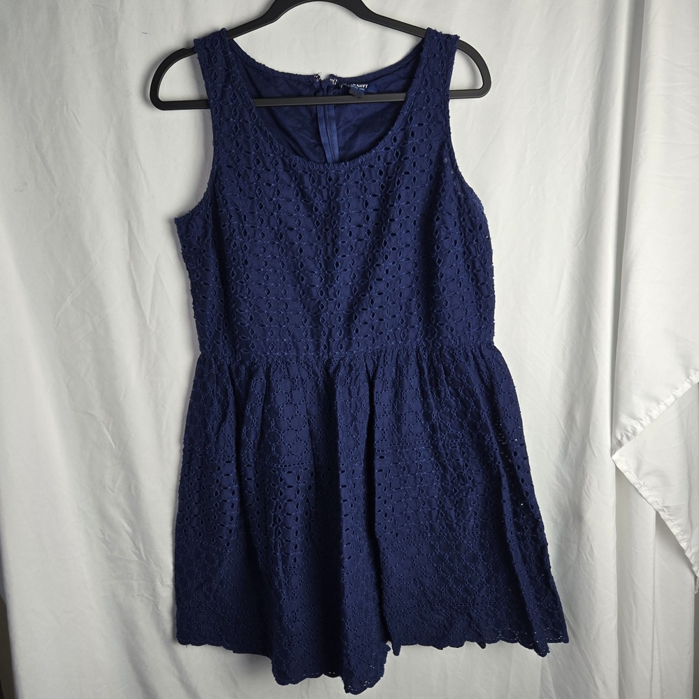 Old Navy Womens 14 Mini Eyelet Dress Fit and Flare Sleeveless Navy Cotton Preppy